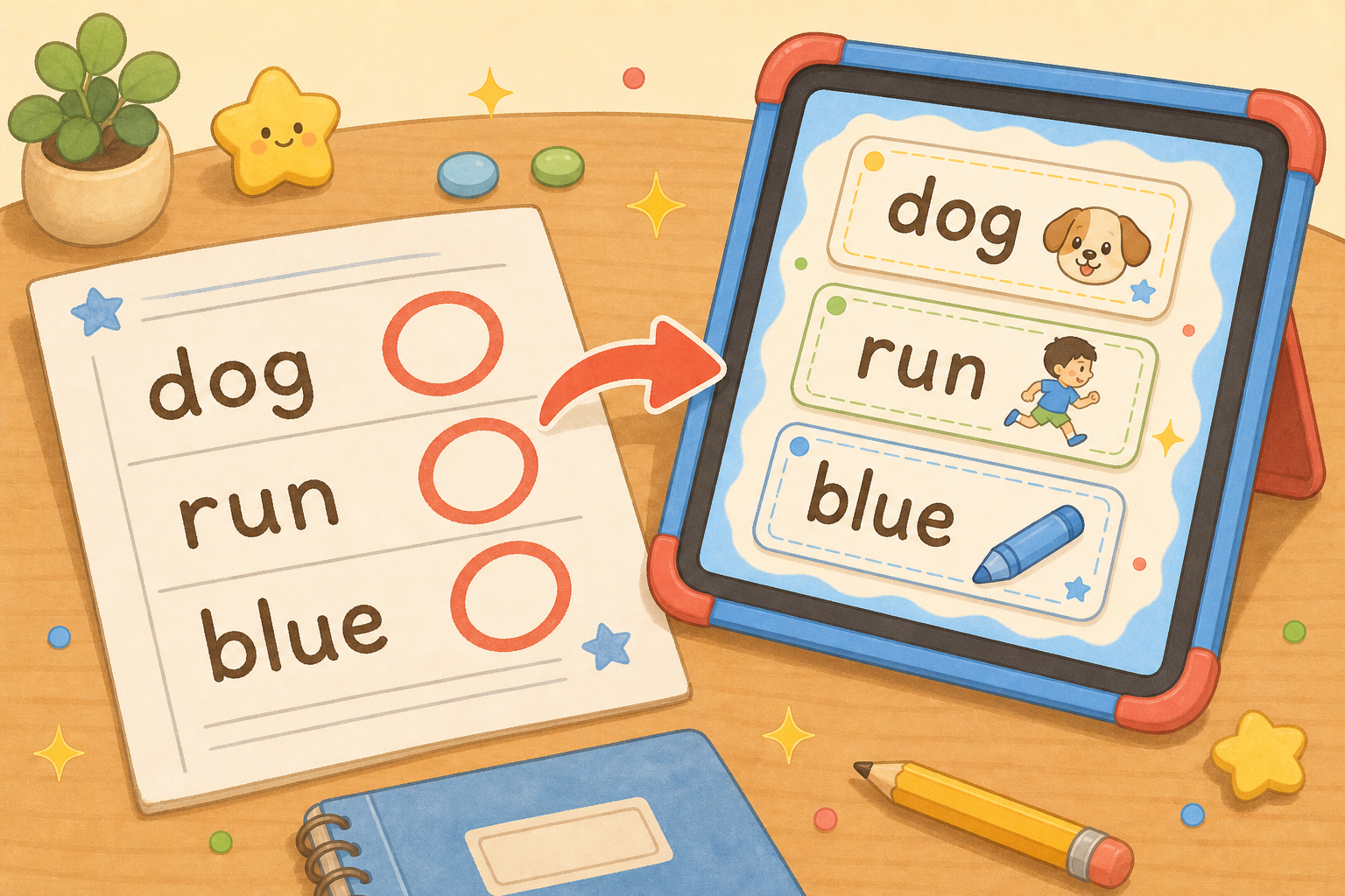 学校のスペルテストの単語を登録して練習し、結果を記録するイメージ