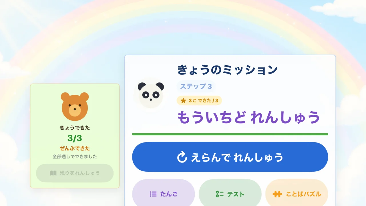 今日のミッション画面。3/3の進捗と、今日やる練習のゴールが表示されている